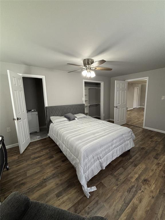 bedroom with baseboards, ceiling fan, and wood finished floors