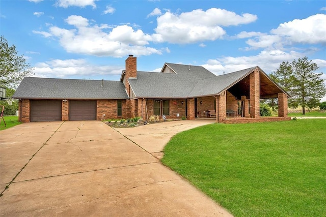 single story home featuring a chimney, a shingled roof, a front lawn, an attached garage, and driveway