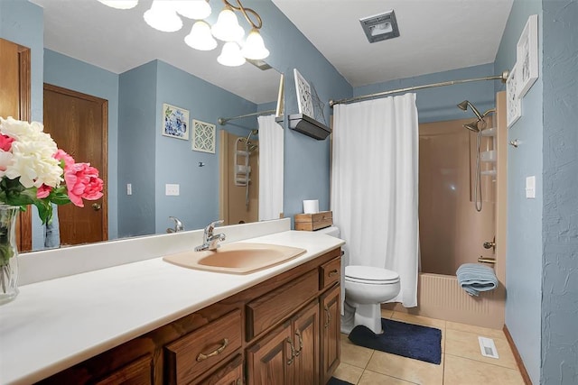 bathroom featuring tile patterned floors, shower / bath combination with curtain, visible vents, toilet, and vanity