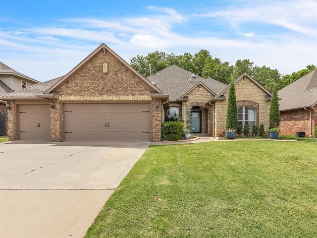 2809 Morgan Trace Rd, Yukon, OK 73099 - french country style house featuring a garage, driveway, a front yard, stone siding, and a shingled roof