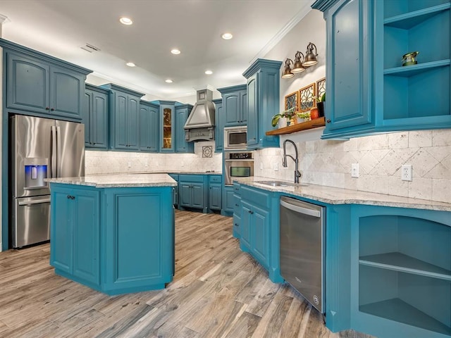 2809 Morgan Trace Rd, Yukon, OK 73099 - kitchen featuring open shelves, appliances with stainless steel finishes, blue cabinets, ornamental molding, and recessed lighting