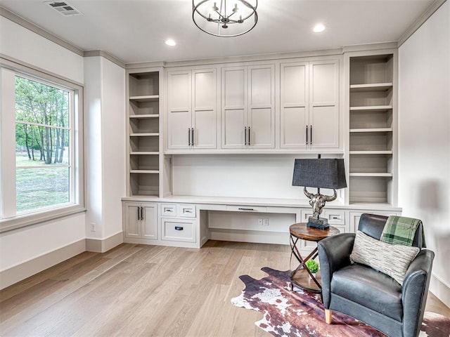 home office featuring visible vents, baseboards, recessed lighting, light wood-style floors, and built in study area