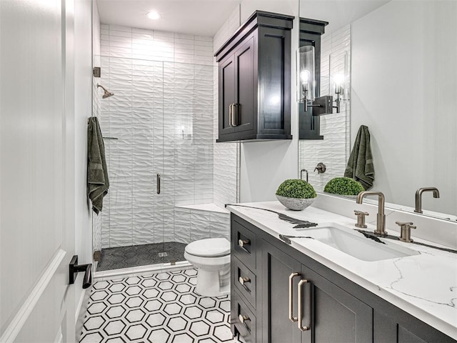 full bathroom with a shower stall, toilet, vanity, and tile patterned floors
