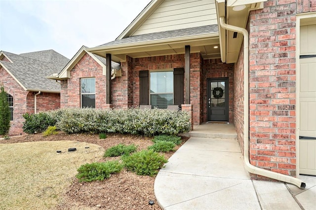 doorway to property with brick siding, a shingled roof, and covered porch