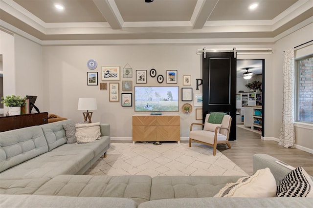 living room with beam ceiling, recessed lighting, and wood finished floors