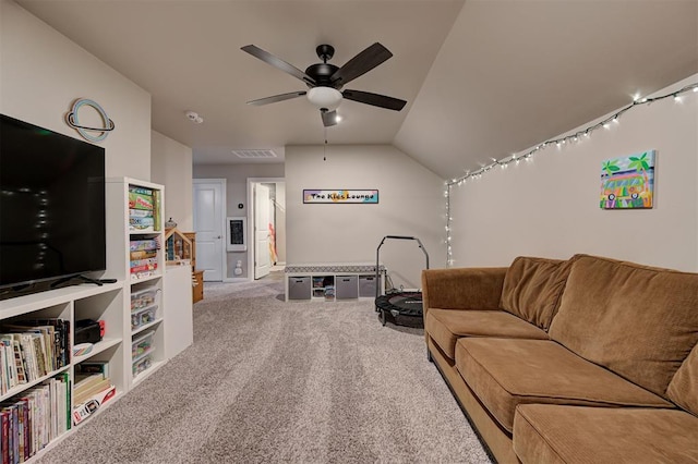 living area with visible vents, a ceiling fan, carpet flooring, and vaulted ceiling