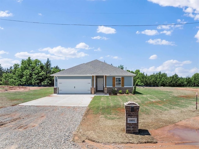 ranch-style house with a garage, roof with shingles, driveway, and a front yard