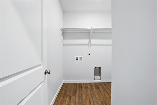 clothes washing area featuring hookup for an electric dryer, laundry area, wood finished floors, baseboards, and hookup for a washing machine