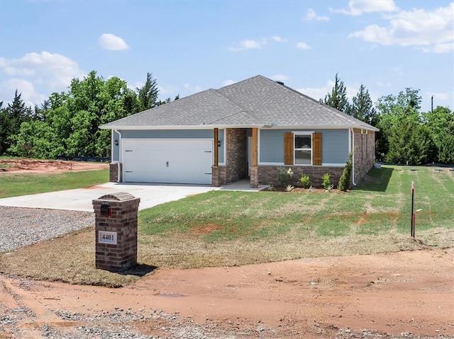 view of front of property with a garage, a front lawn, brick siding, a shingled roof, and driveway