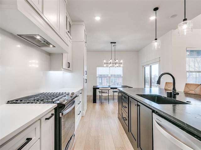 11813 NW 108th Pl, Yukon, OK 73099 - kitchen with stainless steel appliances, a sink, premium range hood, light wood-style floors, and white cabinetry
