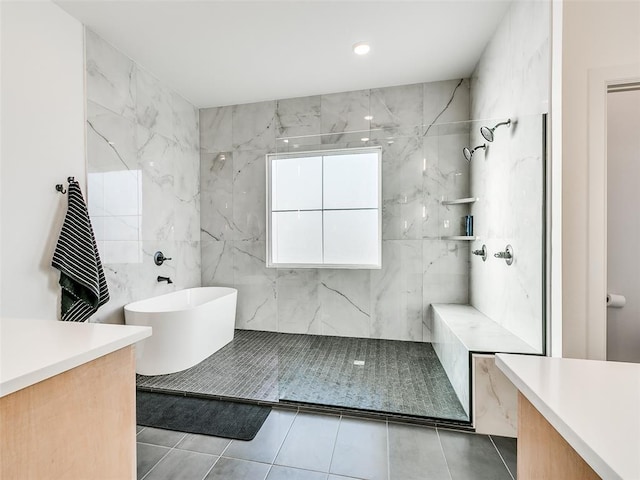 11813 NW 108th Pl, Yukon, OK 73099 - bathroom with a soaking tub, a marble finish shower, vanity, and tile patterned floors