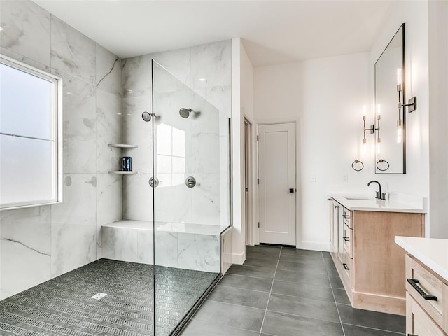 11813 NW 108th Pl, Yukon, OK 73099 - full bathroom featuring vanity, a marble finish shower, and tile patterned flooring