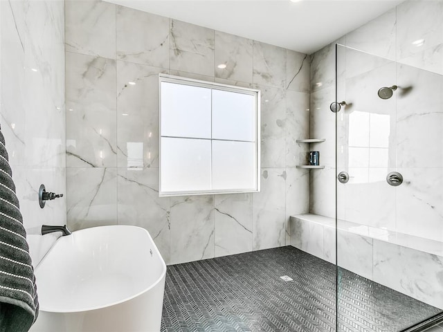 11813 NW 108th Pl, Yukon, OK 73099 - full bath with a freestanding bath, tiled shower, and tile walls