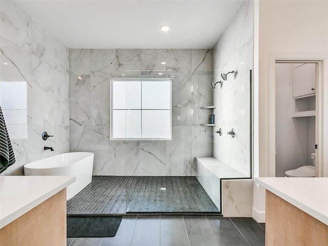 11813 NW 108th Pl, Yukon, OK 73099 - full bathroom with vanity, a marble finish shower, toilet, and a freestanding bath