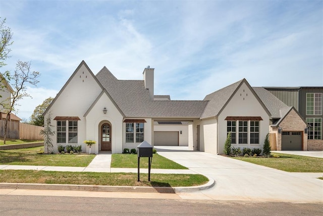 view of front of property featuring a garage, driveway, a front lawn, and fence