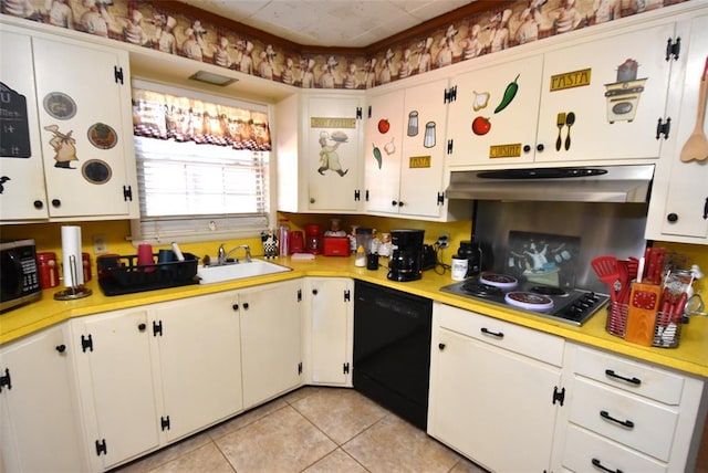 kitchen with light tile patterned floors, light countertops, black appliances, under cabinet range hood, and a sink