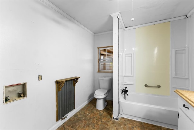 120 E 6th St, Stratford, OK 74872 - full bathroom featuring stone finish flooring, baseboards, ornamental molding, toilet, and vanity