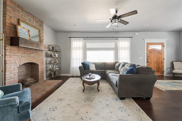 1412 NW 34th St, Oklahoma City, OK 73118 - living room with baseboards, ceiling fan, a fireplace, recessed lighting, and wood finished floors