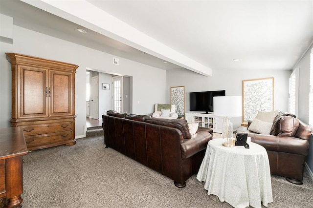 1412 NW 34th St, Oklahoma City, OK 73118 - living room with carpet flooring, beamed ceiling, and recessed lighting
