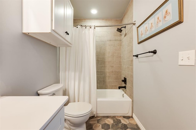 1412 NW 34th St, Oklahoma City, OK 73118 - bathroom with shower / bath combo, baseboards, toilet, recessed lighting, and vanity