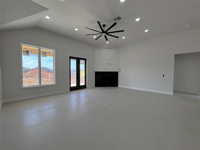 7120 NW 155th St, Edmond, OK 73013 - unfurnished living room featuring ceiling fan, french doors, recessed lighting, baseboards, and visible vents