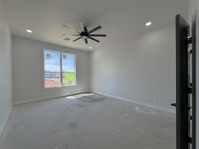 7120 NW 155th St, Edmond, OK 73013 - unfurnished room with recessed lighting, baseboards, ceiling fan, and unfinished concrete flooring