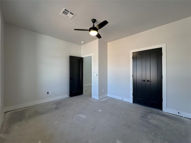 7120 NW 155th St, Edmond, OK 73013 - unfurnished bedroom with visible vents, a closet, baseboards, ceiling fan, and unfinished concrete flooring