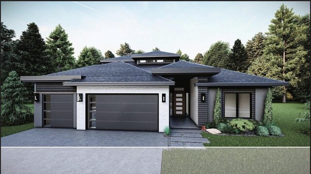 view of front facade featuring an attached garage, a front lawn, roof with shingles, and driveway