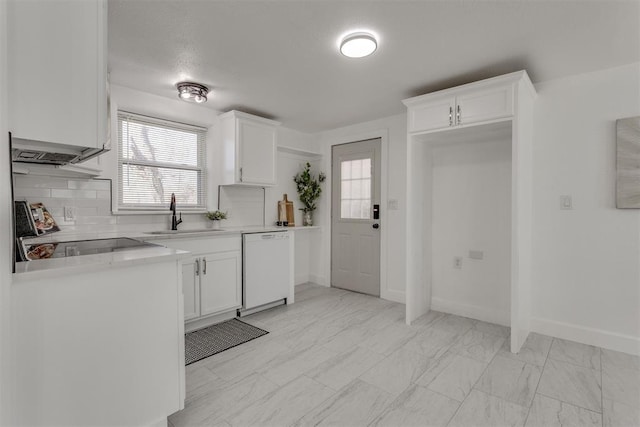 kitchen featuring white cabinetry, backsplash, electric range, a sink, and white dishwasher