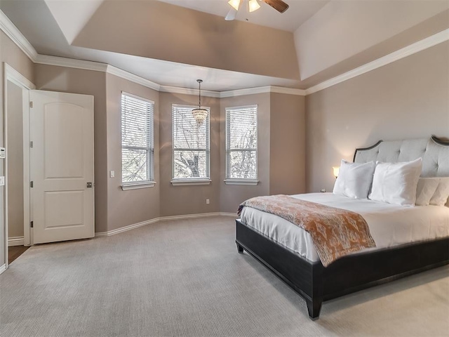 1109 Salvo Bridge Ct, Edmond, OK 73034 - bedroom with carpet floors, a raised ceiling, ceiling fan, and crown molding