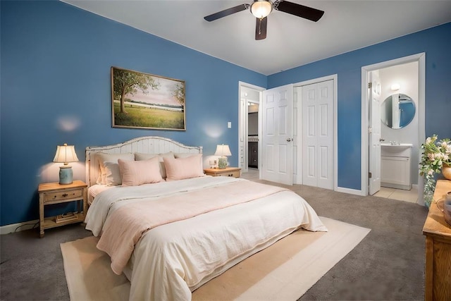 1527 N Pennsylvania Ave, Shawnee, OK 74804 - bedroom with carpet floors, a closet, connected bathroom, and a ceiling fan