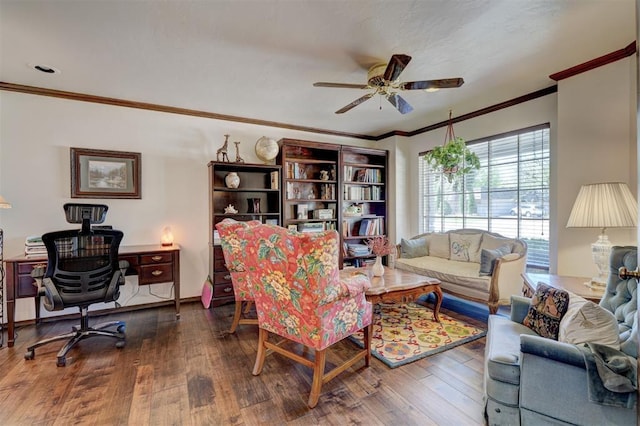 12108 Blue Sage Rd, Oklahoma City, OK 73120 - living area with hardwood / wood-style flooring, ornamental molding, and a ceiling fan
