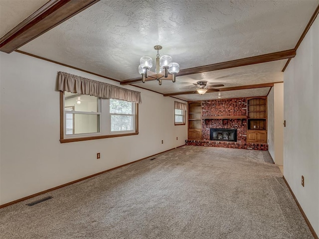 unfurnished living room with ceiling fan with notable chandelier, a textured ceiling, carpet floors, beamed ceiling, and visible vents