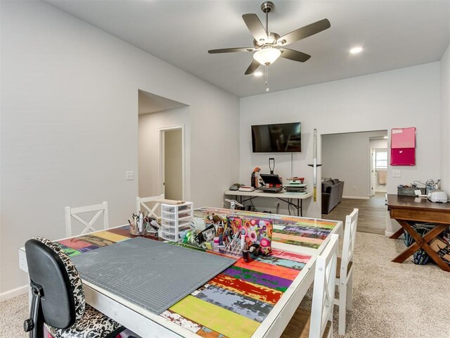 8512 NW 77th St, Oklahoma City, OK 73132 - carpeted dining area featuring baseboards and a ceiling fan