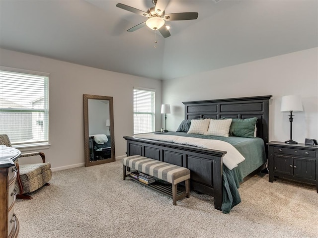 8512 NW 77th St, Oklahoma City, OK 73132 - bedroom featuring vaulted ceiling, light colored carpet, baseboards, and ceiling fan