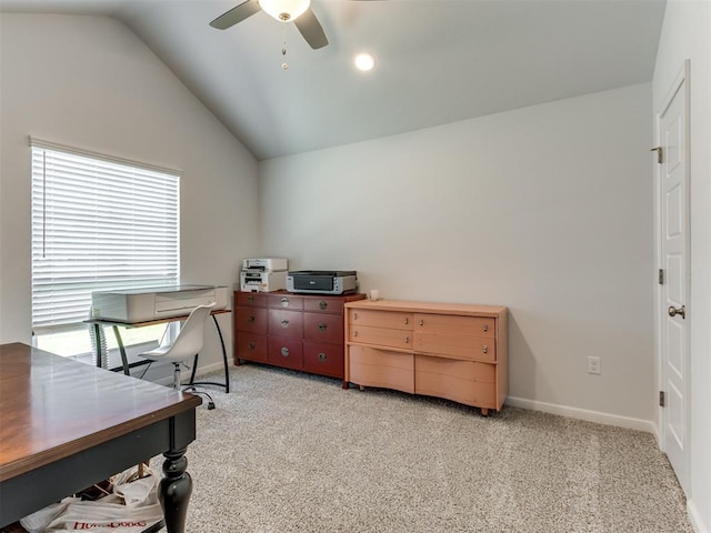 8512 NW 77th St, Oklahoma City, OK 73132 - office area featuring light carpet, baseboards, vaulted ceiling, and ceiling fan