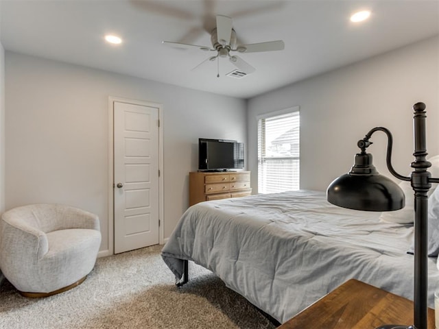8512 NW 77th St, Oklahoma City, OK 73132 - bedroom featuring visible vents, recessed lighting, carpet flooring, and a ceiling fan