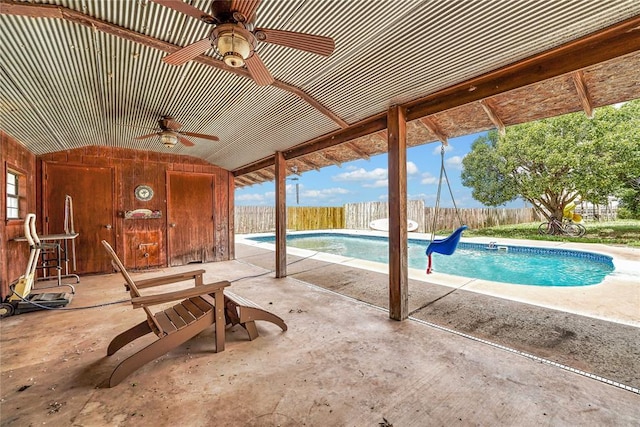 13989 US Highway 183, Hobart, OK 73651 - view of swimming pool featuring a ceiling fan, a fenced backyard, and a patio