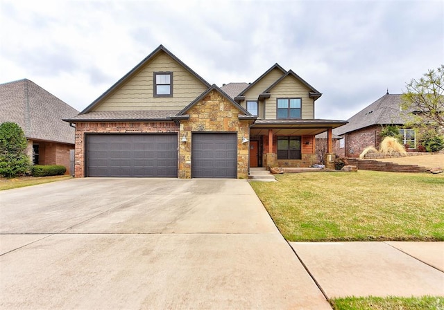 view of front of property featuring stone siding, driveway, a garage, and a front lawn
