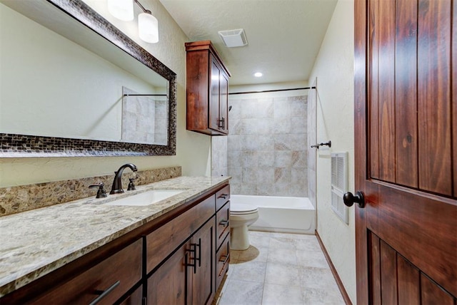 bathroom with heating unit, tile patterned floors, toilet, vanity, and visible vents