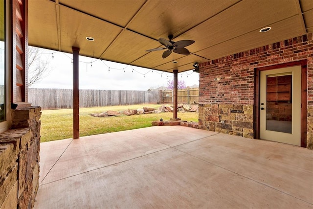 view of patio / terrace with ceiling fan and a fenced backyard
