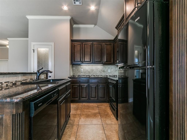 kitchen with crown molding, dark brown cabinetry, a sink, black appliances, and light tile patterned floors