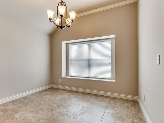 spare room with baseboards, light tile patterned floors, ornamental molding, and a chandelier