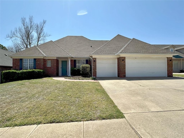 4000 Harrogate Dr, Norman, OK 73072 - ranch-style home featuring an attached garage, concrete driveway, brick siding, a front lawn, and a shingled roof