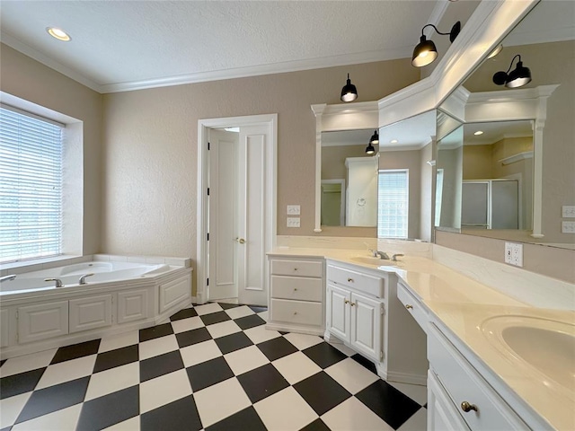 4000 Harrogate Dr, Norman, OK 73072 - full bath with tile patterned floors, a sink, crown molding, and a stall shower