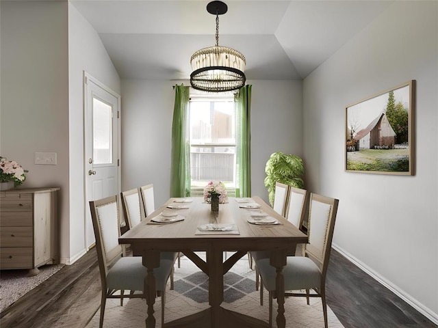 11024 NW 94th Ter, Yukon, OK 73099 - dining room featuring dark wood finished floors, a chandelier, lofted ceiling, and baseboards