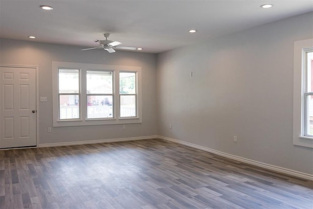 spare room with recessed lighting, baseboards, wood finished floors, and ceiling fan