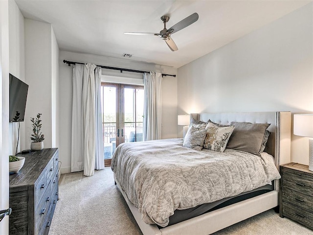 29 Water St Unit 10G, Carlton Landing, OK 74432 - bedroom with light carpet, french doors, a ceiling fan, visible vents, and access to exterior