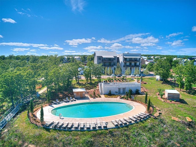 29 Water St Unit 10G, Carlton Landing, OK 74432 - pool featuring a patio, fence, an outdoor structure, and a lawn