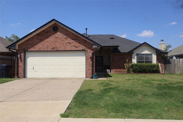ranch-style home with fence, driveway, a front yard, and brick siding